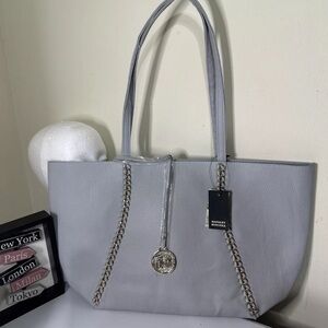 Badgley Mischka Gray Leather Chain Embellished Tote​​​
